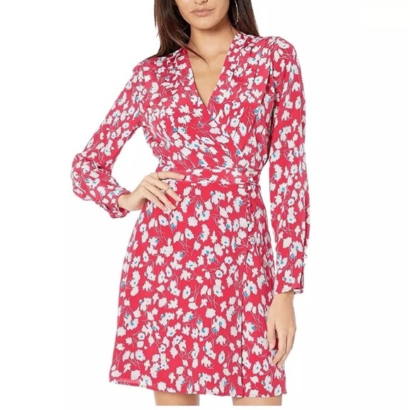Equipment Femme Silk Pink Floral Cross-Front Buttoned Long Sleeve Collie Dress - Picture 1 of 6